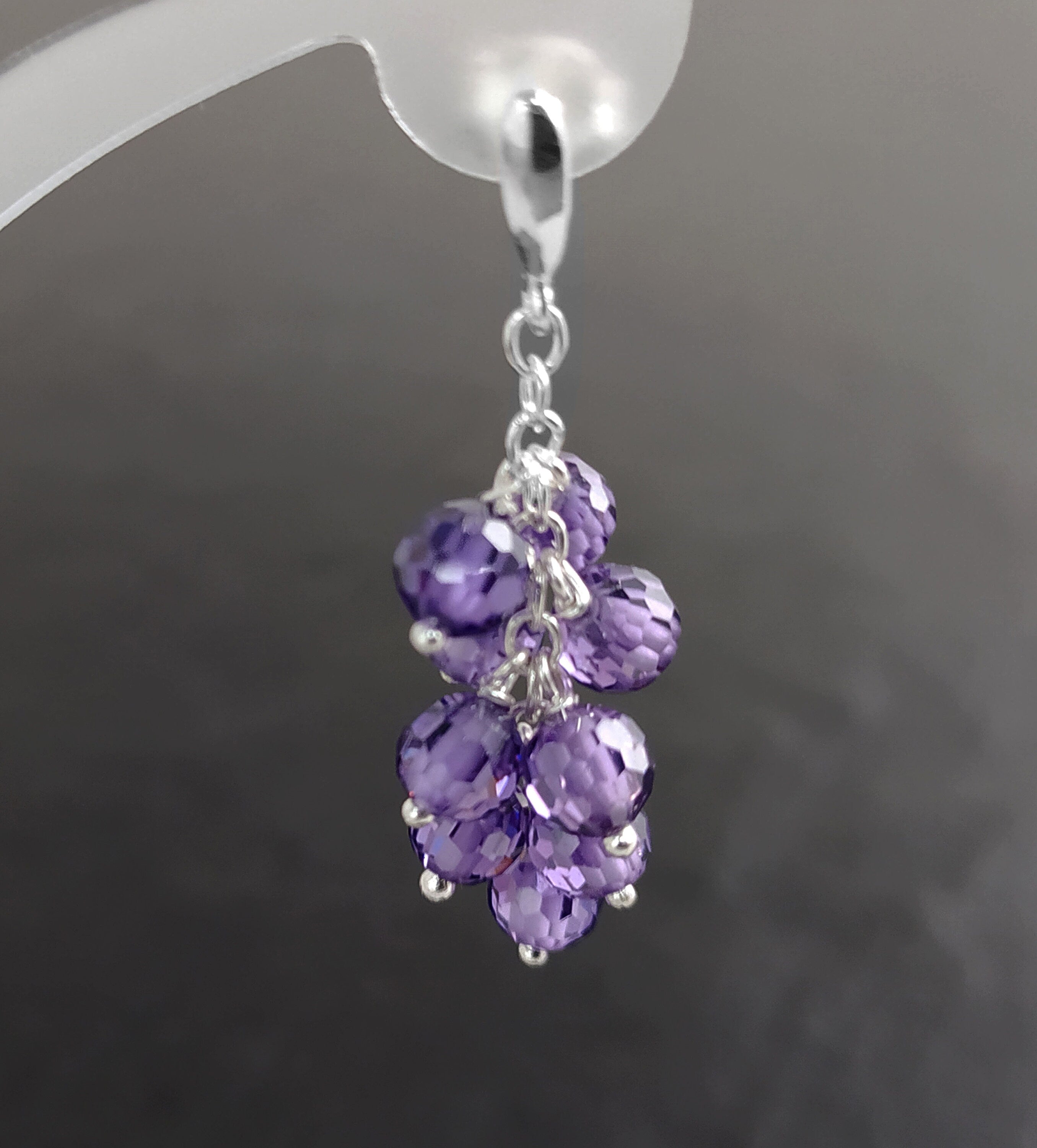 Purple grape stones earrings, sterling silver, teardrop purple berry bunch stone earrings, dark violet berries color crystal jewelry