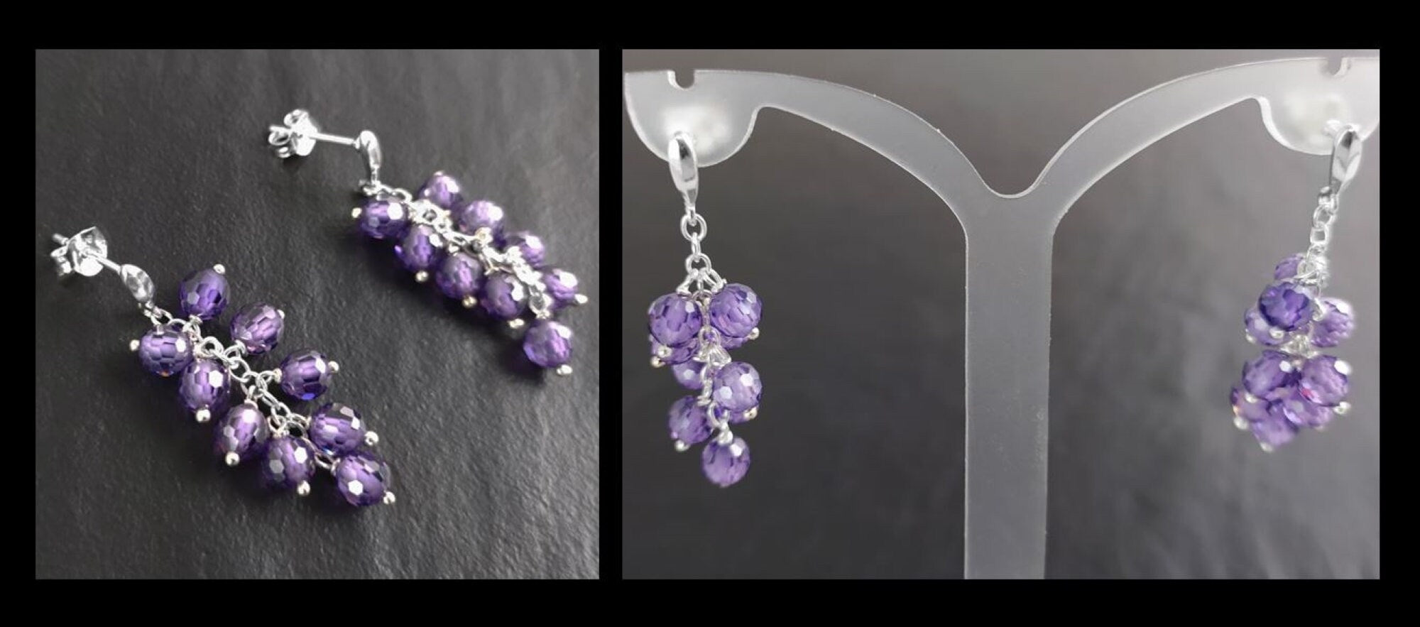 Purple grape stones earrings, sterling silver, teardrop purple berry bunch stone earrings, dark violet berries color crystal jewelry