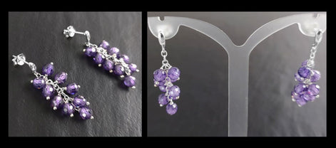 Purple grape stones earrings, sterling silver, teardrop purple berry bunch stone earrings, dark violet berries color crystal jewelry