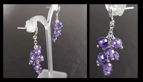 Purple grape stones earrings, sterling silver, teardrop purple berry bunch stone earrings, dark violet berries color crystal jewelry