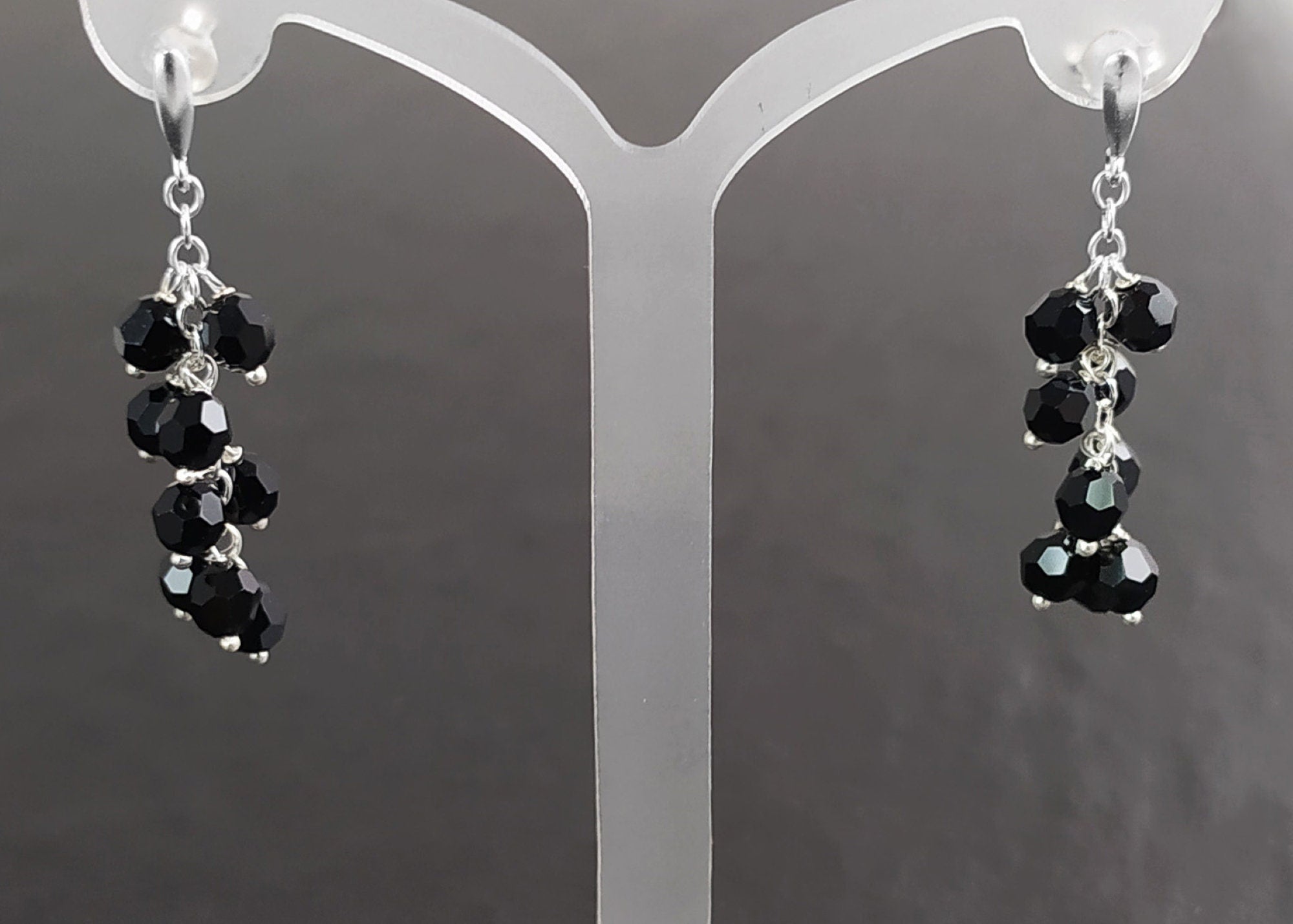 Black dangle earrings, sterling silver, teardrop blackberry crystal cz stones grape earrings, dark blackberries bunch, modern jewelry