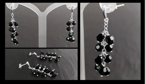 Black dangle earrings, sterling silver, teardrop blackberry crystal cz stones grape earrings, dark blackberries bunch, modern jewelry