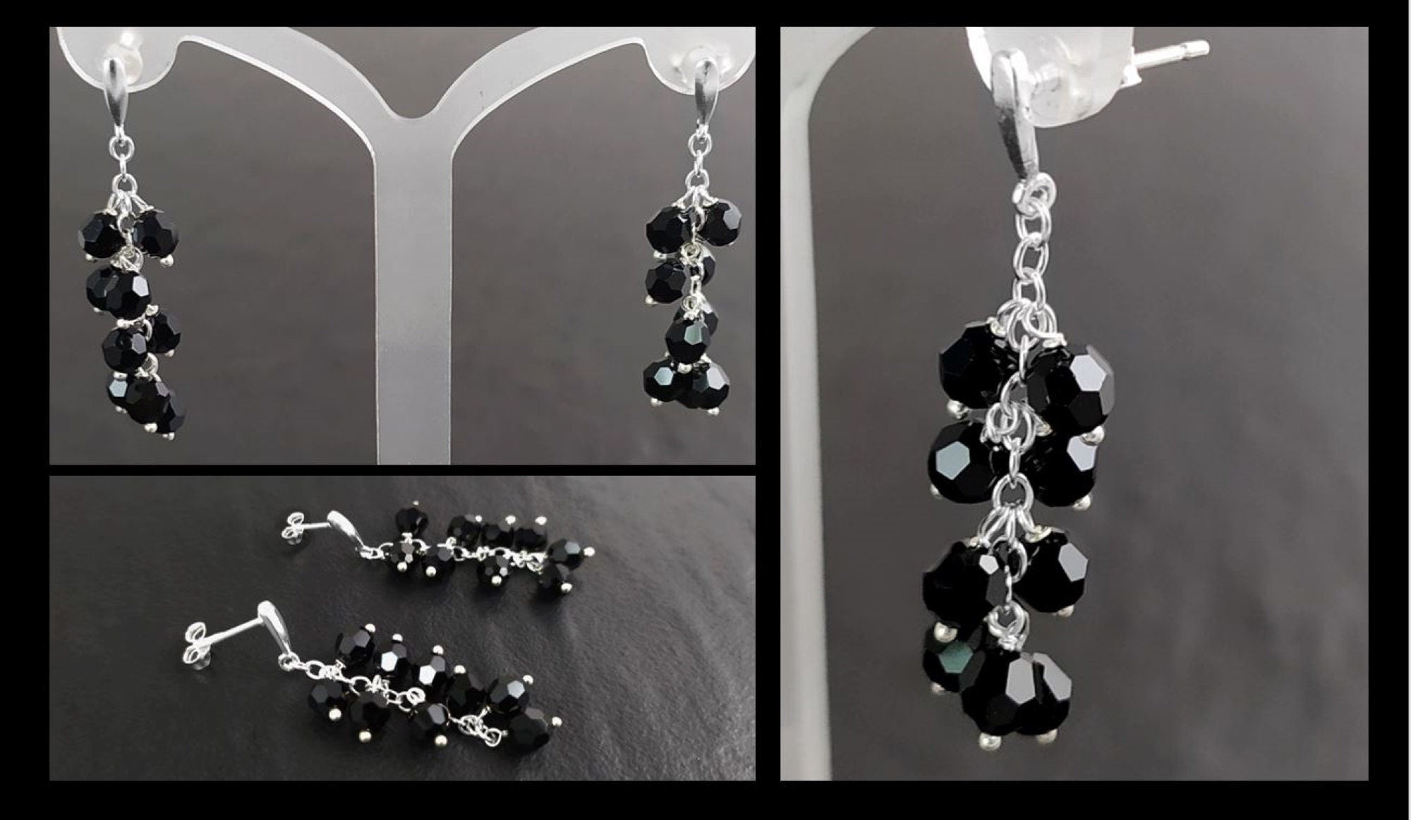 Black dangle earrings, sterling silver, teardrop blackberry crystal cz stones grape earrings, dark blackberries bunch, modern jewelry