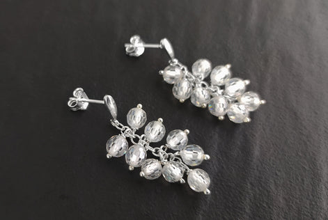 crystal earrings, sterling silver, dangle bunch stones earrings, white clear color bead, Pending teardrop modern drop cluster chain jewelry