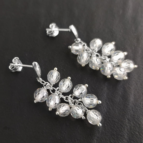 crystal earrings, sterling silver, dangle bunch stones earrings, white clear color bead, Pending teardrop modern drop cluster chain jewelry