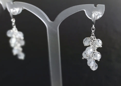 crystal earrings, sterling silver, dangle bunch stones earrings, white clear color bead, Pending teardrop modern drop cluster chain jewelry