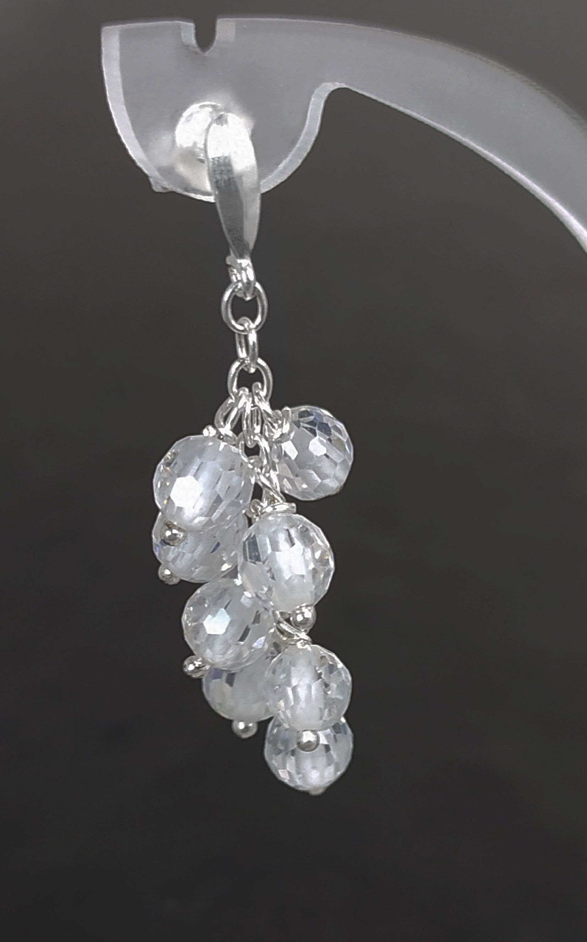 crystal earrings, sterling silver, dangle bunch stones earrings, white clear color bead, Pending teardrop modern drop cluster chain jewelry