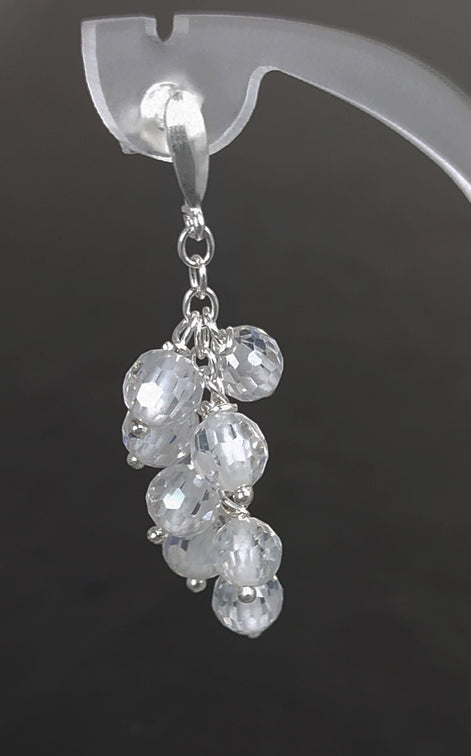 crystal earrings, sterling silver, dangle bunch stones earrings, white clear color bead, Pending teardrop modern drop cluster chain jewelry