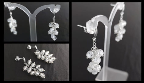 crystal earrings, sterling silver, dangle bunch stones earrings, white clear color bead, Pending teardrop modern drop cluster chain jewelry