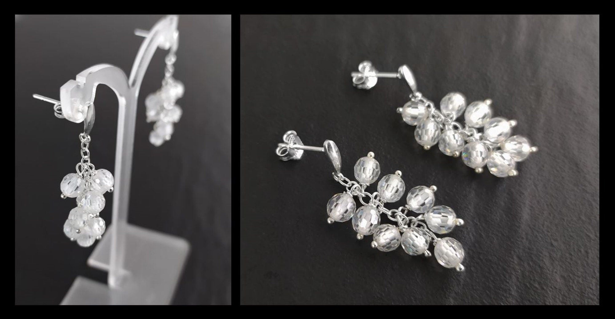 crystal earrings, sterling silver, dangle bunch stones earrings, white clear color bead, Pending teardrop modern drop cluster chain jewelry