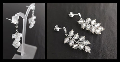 crystal earrings, sterling silver, dangle bunch stones earrings, white clear color bead, Pending teardrop modern drop cluster chain jewelry