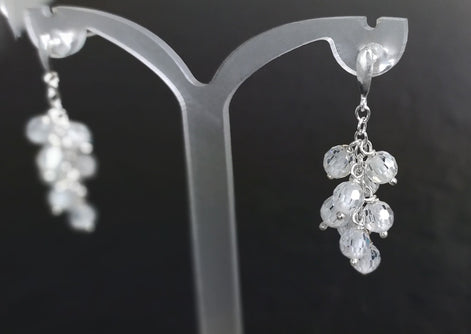 crystal earrings, sterling silver, dangle bunch stones earrings, white clear color bead, Pending teardrop modern drop cluster chain jewelry