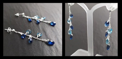 Blue Stone earrings, sterling silver, teardrop blue berry grape stones bunch earrings, dark blueberries color, modern chain jewelry