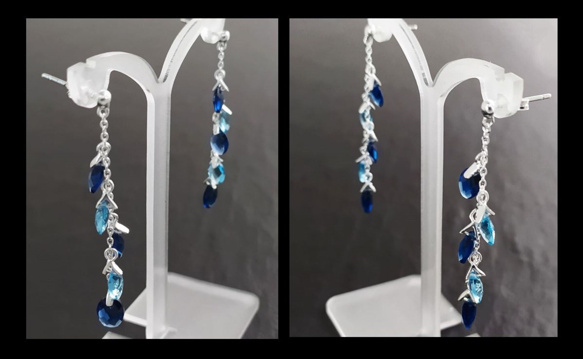 Blue Stone earrings, sterling silver, teardrop blue berry grape stones bunch earrings, dark blueberries color, modern chain jewelry