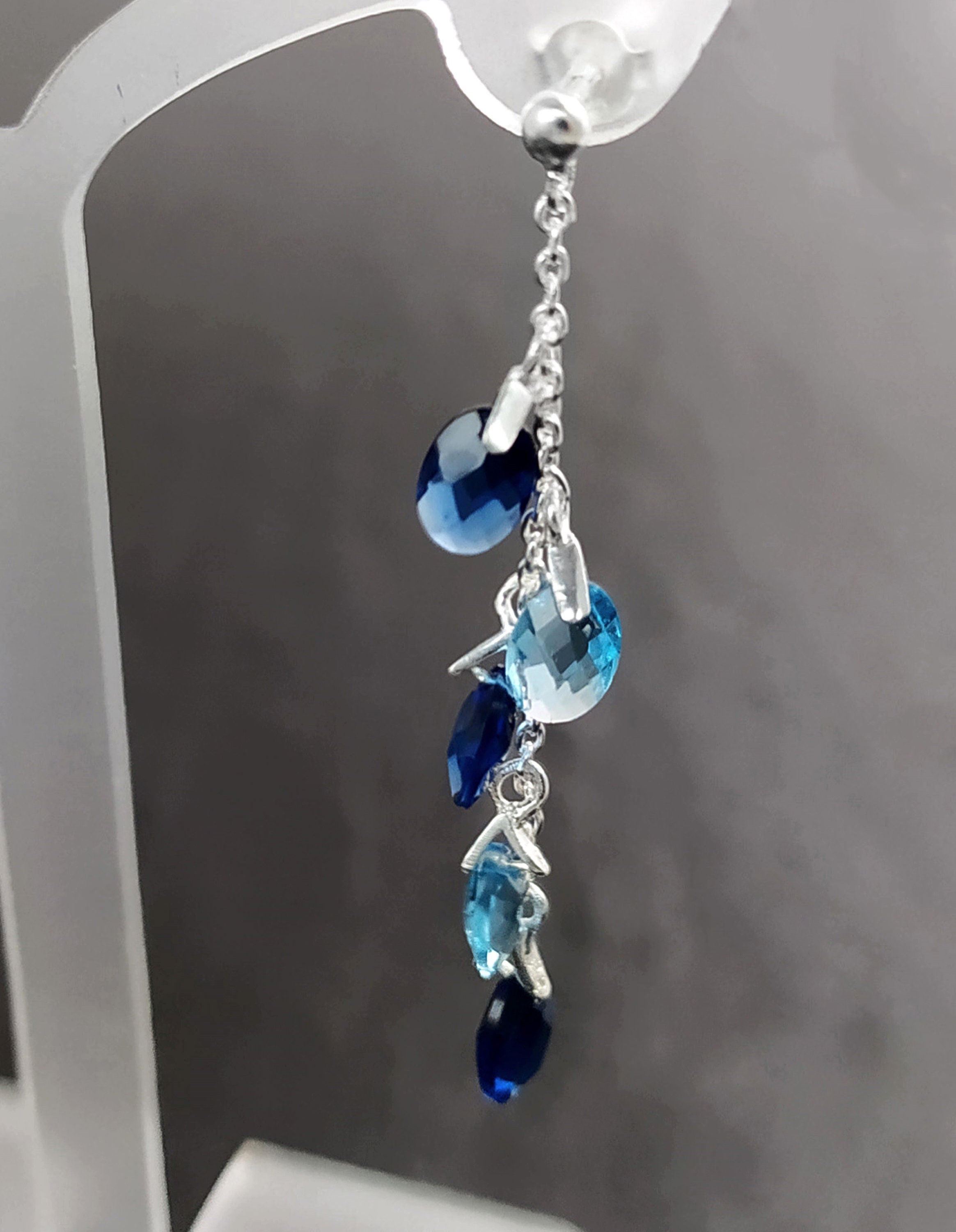 Blue Stone earrings, sterling silver, teardrop blue berry grape stones bunch earrings, dark blueberries color, modern chain jewelry