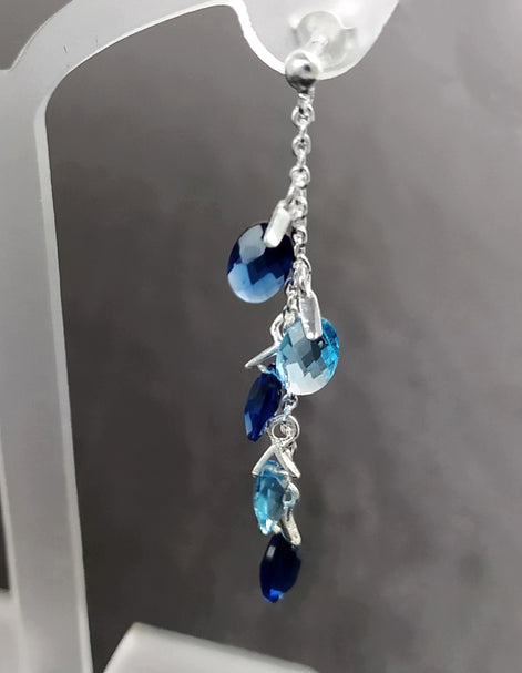 Blue Stone earrings, sterling silver, teardrop blue berry grape stones bunch earrings, dark blueberries color, modern chain jewelry