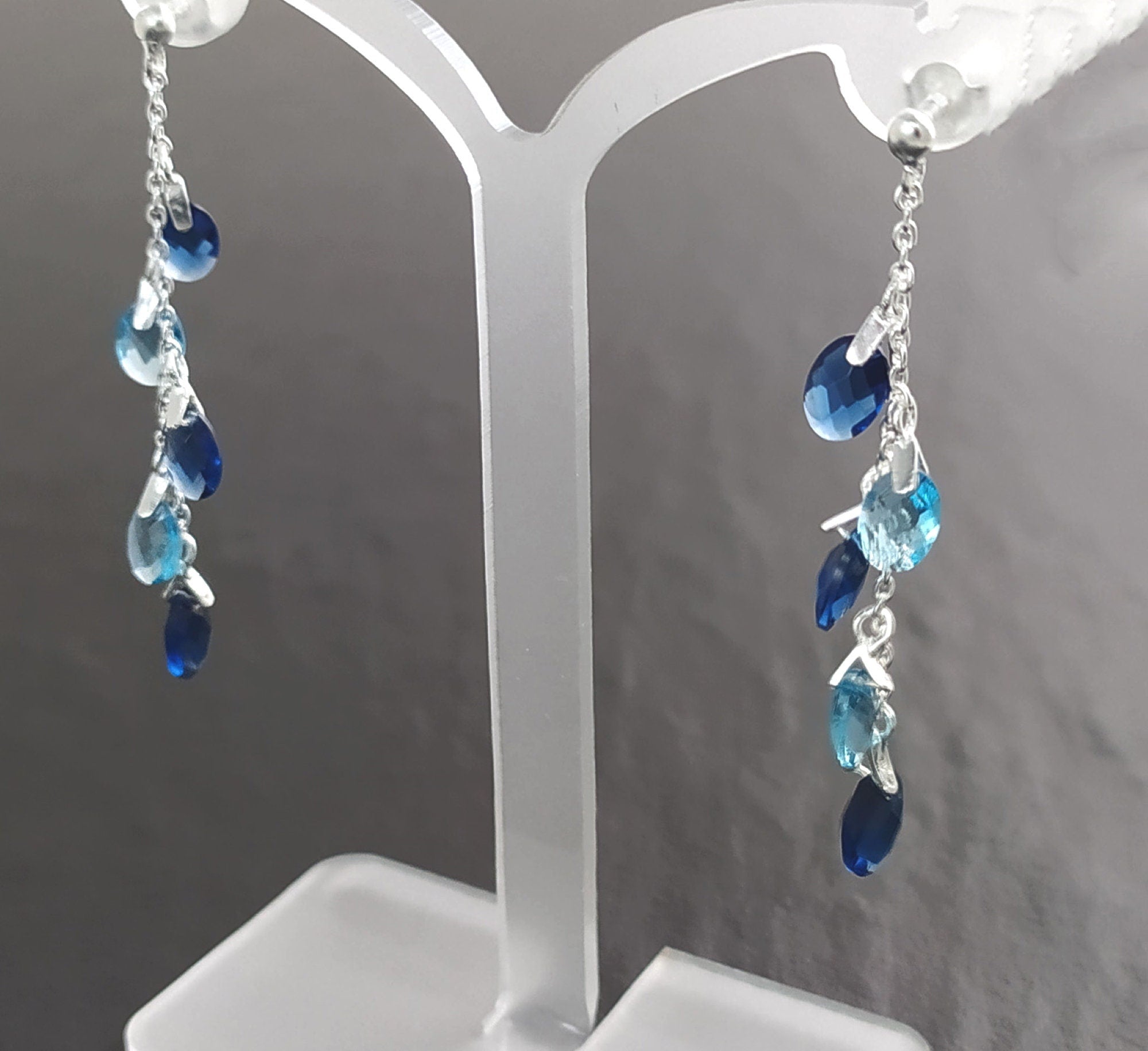 Blue Stone earrings, sterling silver, teardrop blue berry grape stones bunch earrings, dark blueberries color, modern chain jewelry