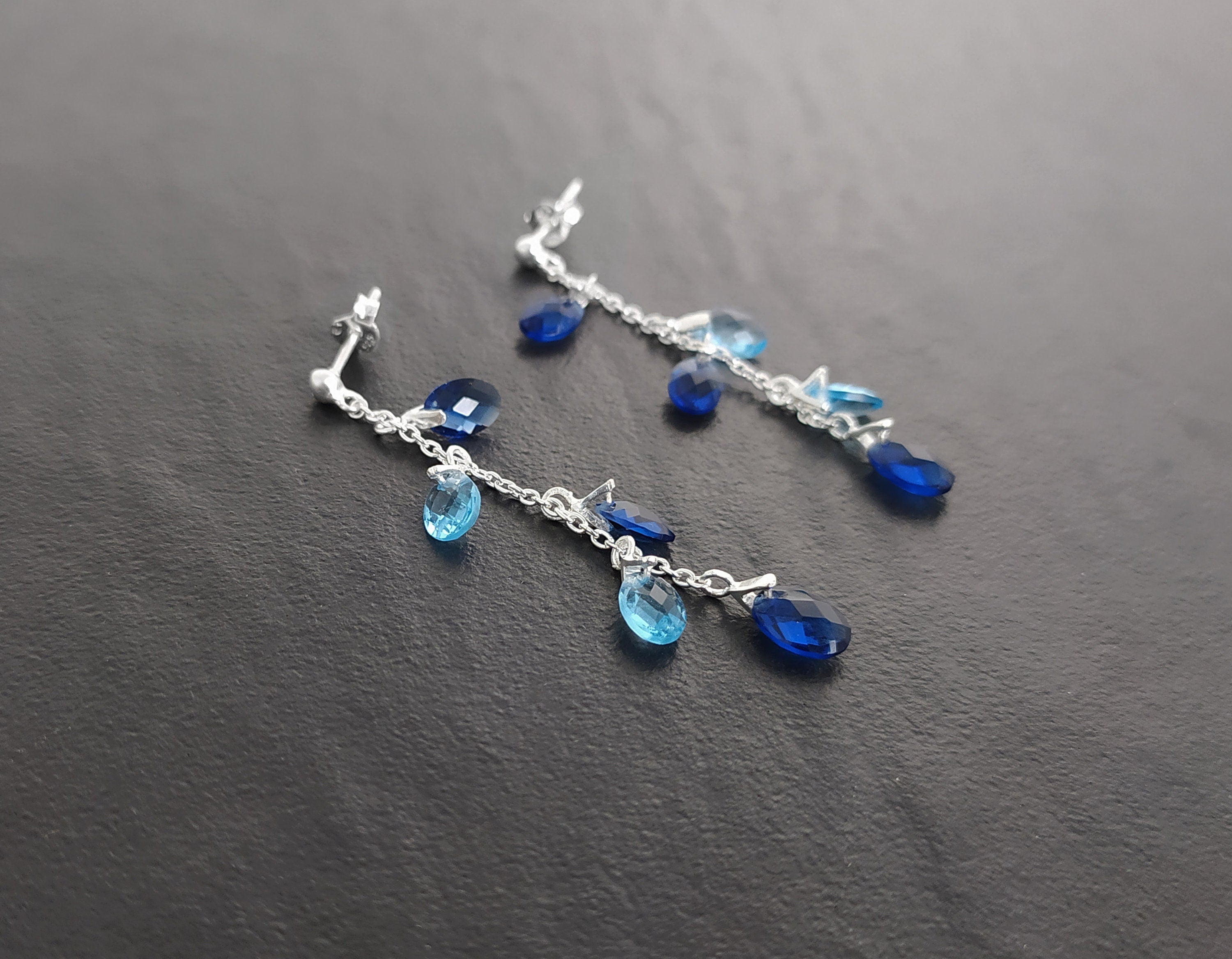 Blue Stone earrings, sterling silver, teardrop blue berry grape stones bunch earrings, dark blueberries color, modern chain jewelry