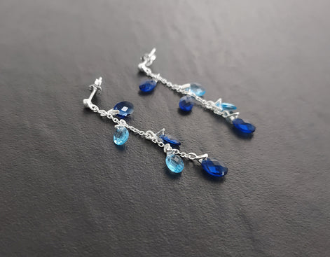 Blue Stone earrings, sterling silver, teardrop blue berry grape stones bunch earrings, dark blueberries color, modern chain jewelry