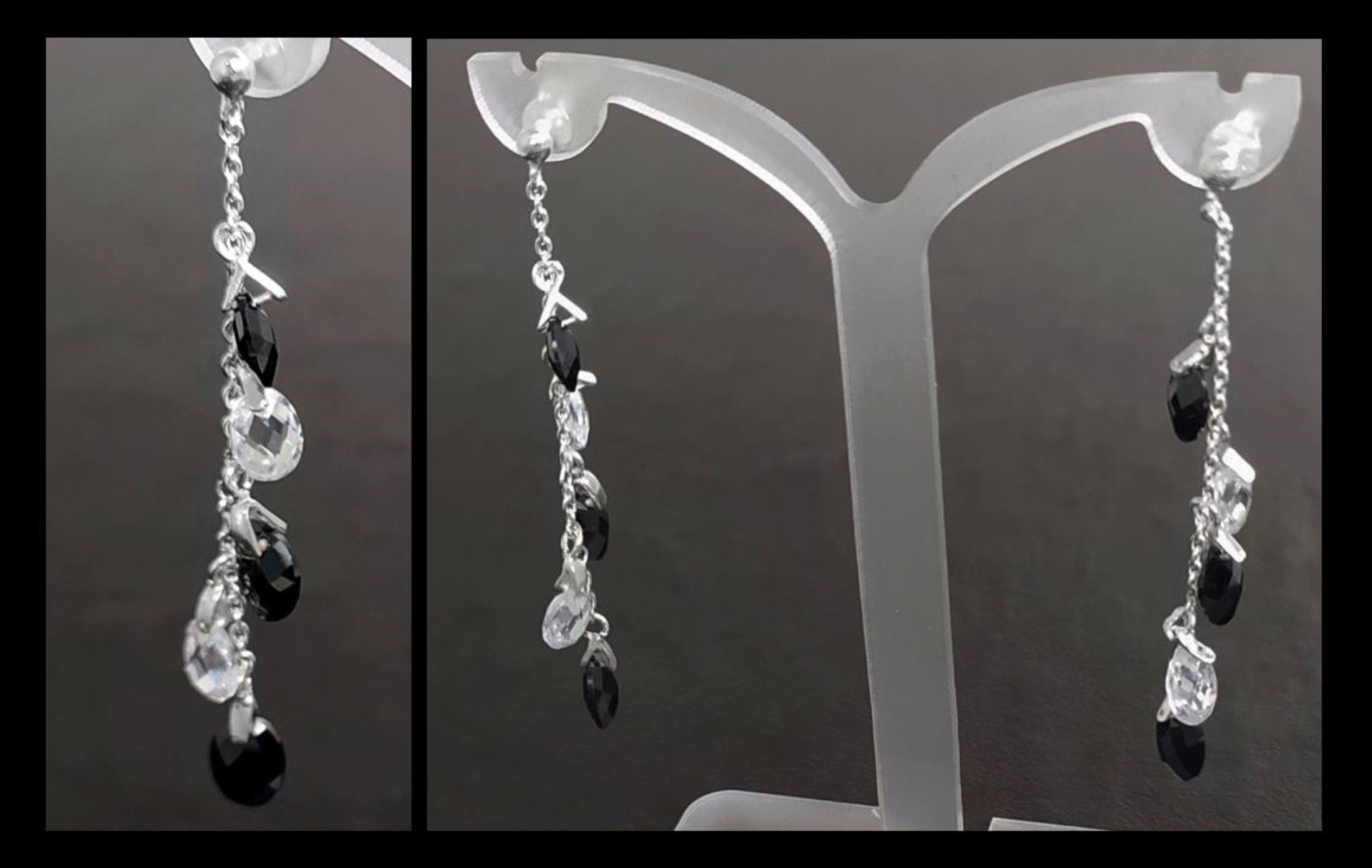 Black earrings, sterling silver, teardrop blackberry grape cz stones bunch earrings, dark blackberries crystal color, modern drop jewelry