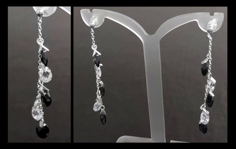 Black earrings, sterling silver, teardrop blackberry grape cz stones bunch earrings, dark blackberries crystal color, modern drop jewelry
