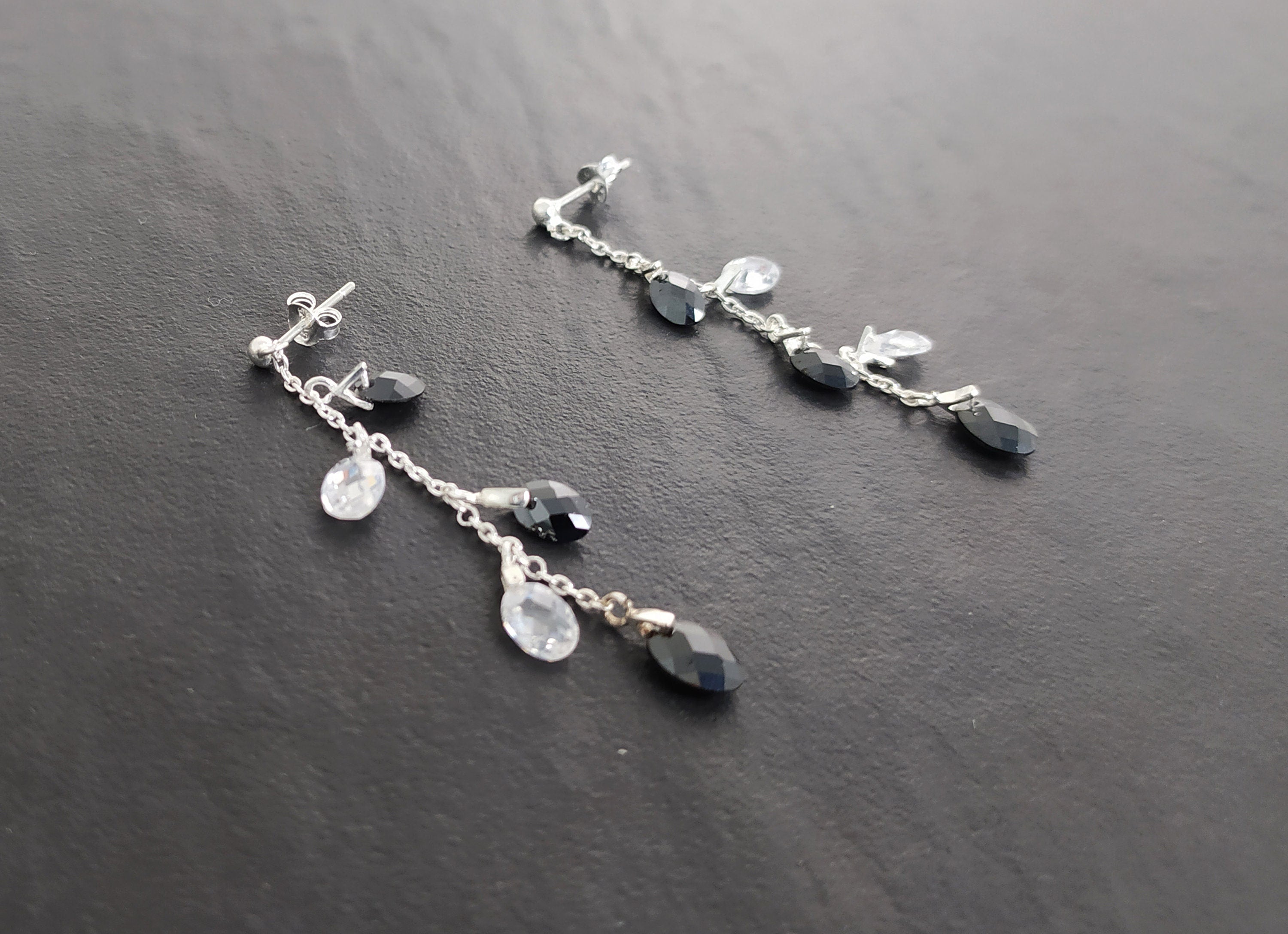 Black earrings, sterling silver, teardrop blackberry grape cz stones bunch earrings, dark blackberries crystal color, modern drop jewelry