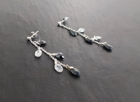Black earrings, sterling silver, teardrop blackberry grape cz stones bunch earrings, dark blackberries crystal color, modern drop jewelry