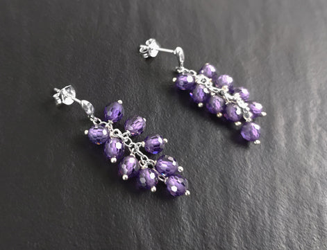 Purple grape stones earrings, sterling silver, teardrop purple berry bunch stone earrings, dark violet berries color crystal jewelry