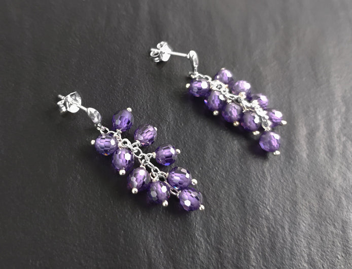 Purple grape stones earrings, sterling silver, teardrop purple berry bunch stone earrings, dark violet berries color crystal jewelry