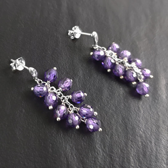 Purple grape stones earrings, sterling silver, teardrop purple berry bunch stone earrings, dark violet berries color crystal jewelry