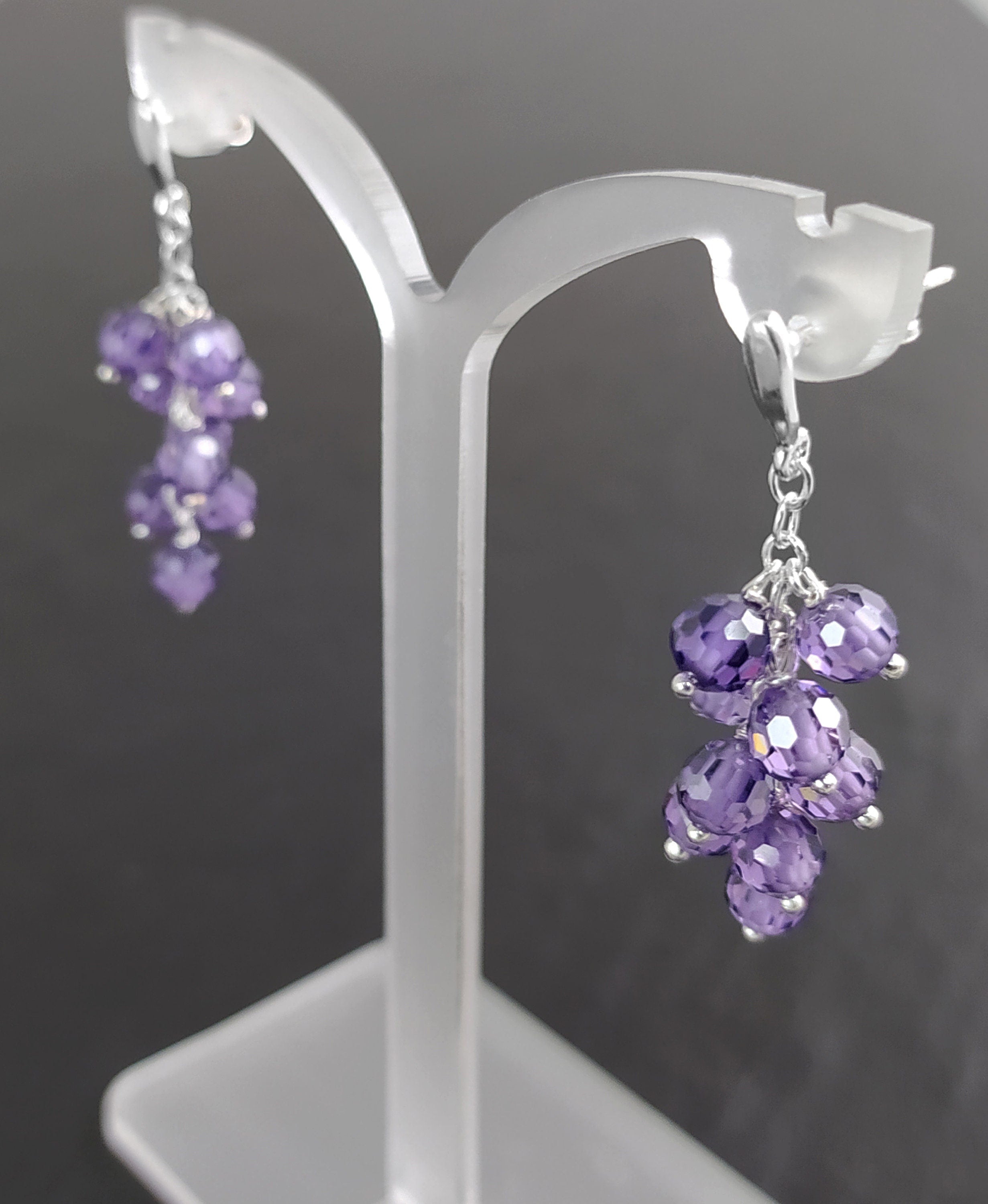Purple grape stones earrings, sterling silver, teardrop purple berry bunch stone earrings, dark violet berries color crystal jewelry