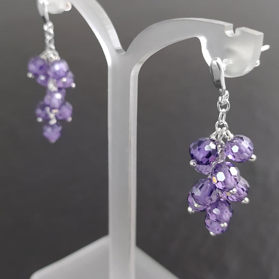 Purple grape stones earrings, sterling silver, teardrop purple berry bunch stone earrings, dark violet berries color crystal jewelry