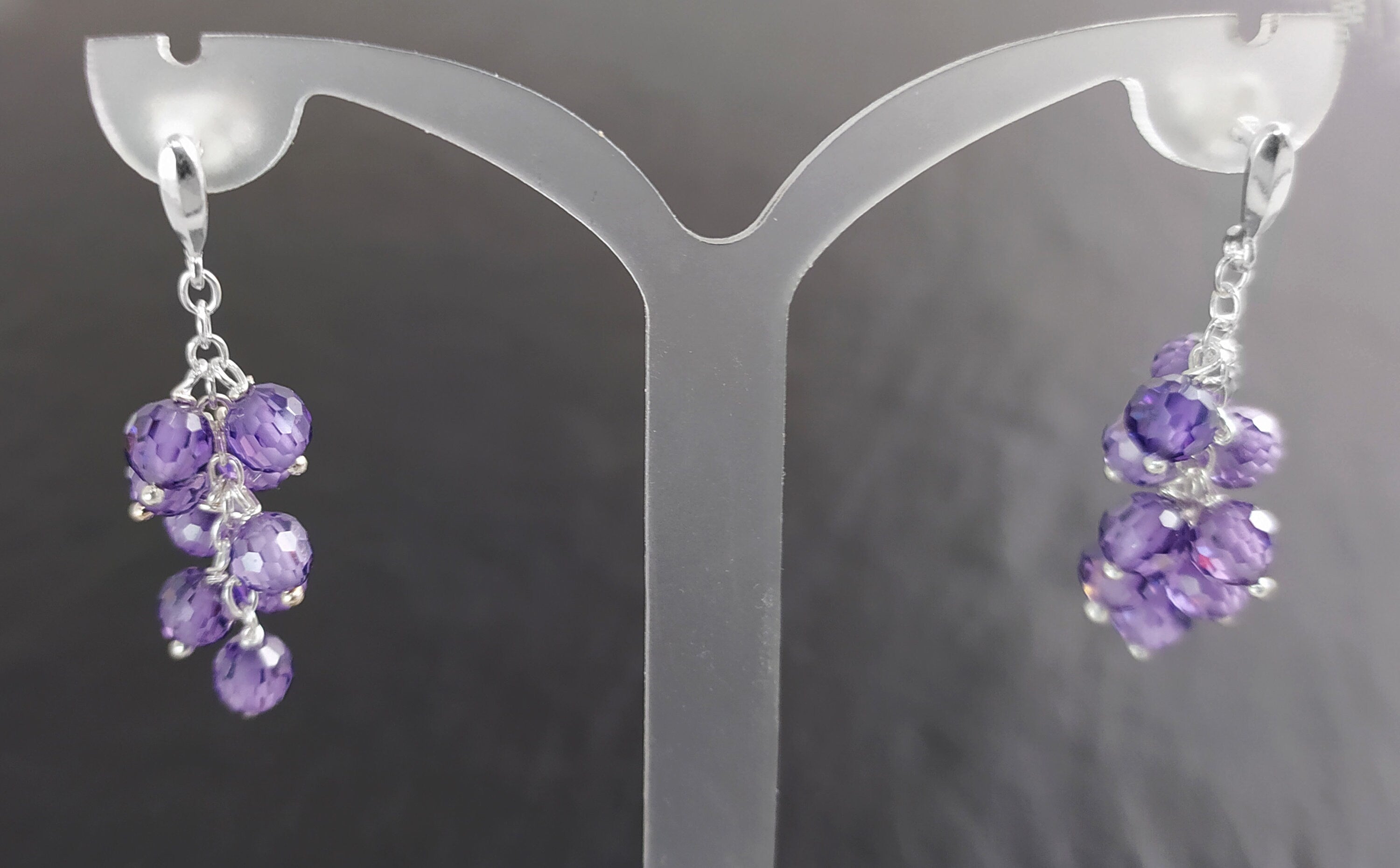 Purple grape stones earrings, sterling silver, teardrop purple berry bunch stone earrings, dark violet berries color crystal jewelry