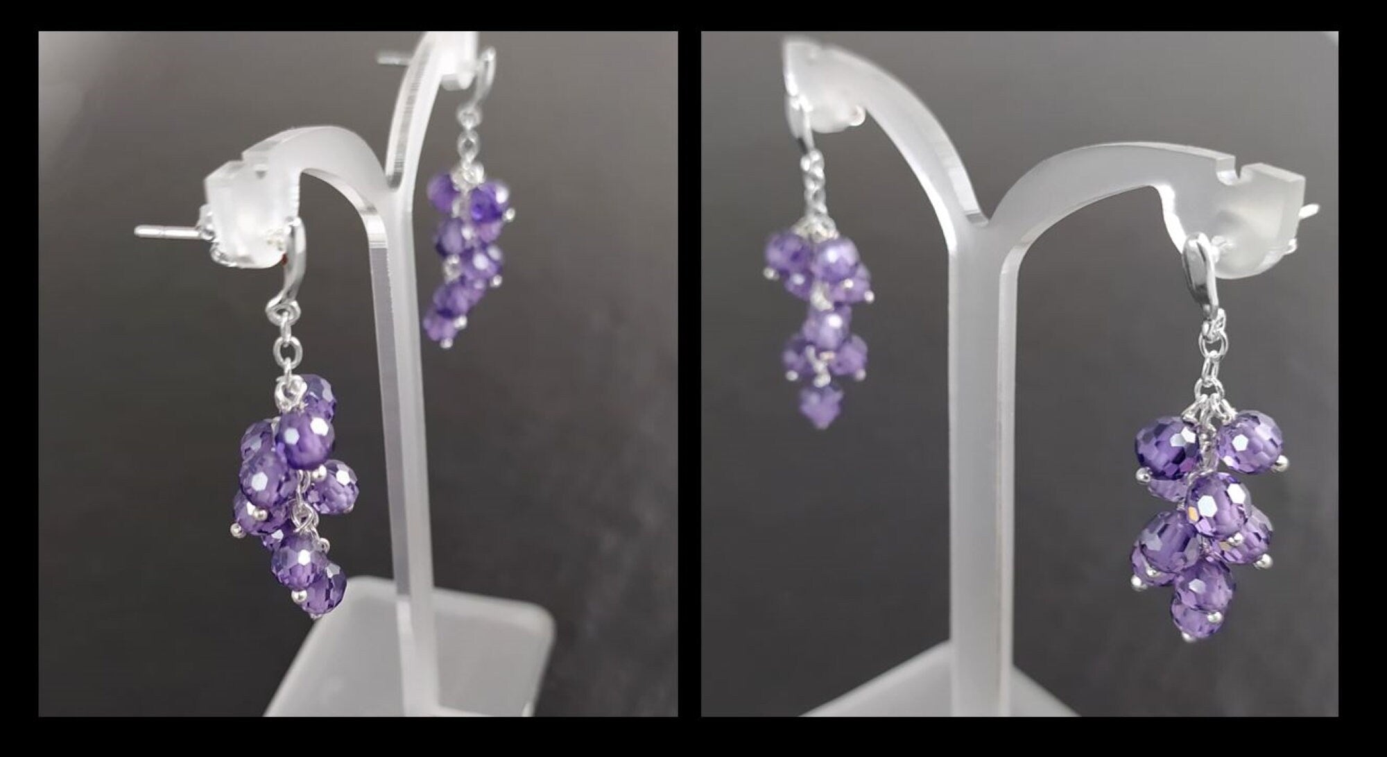 Purple grape stones earrings, sterling silver, teardrop purple berry bunch stone earrings, dark violet berries color crystal jewelry