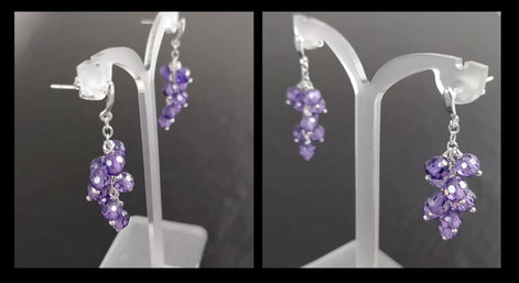 Purple grape stones earrings, sterling silver, teardrop purple berry bunch stone earrings, dark violet berries color crystal jewelry