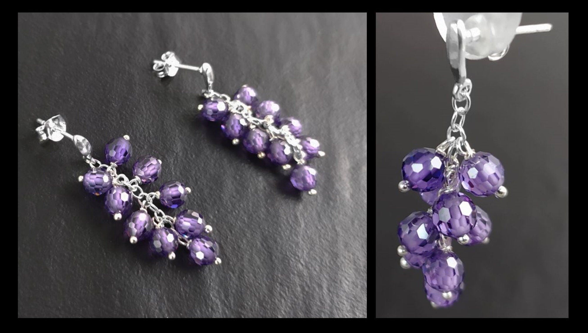 Purple grape stones earrings, sterling silver, teardrop purple berry bunch stone earrings, dark violet berries color crystal jewelry