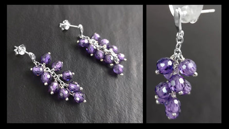 Purple grape stones earrings, sterling silver, teardrop purple berry bunch stone earrings, dark violet berries color crystal jewelry
