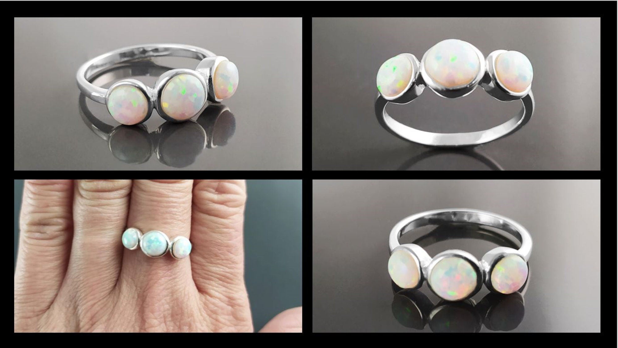 925 Opal Ring Sterling Silver, Three Opal Stones Domed Ring, Fiery White Fire Opals Stone Birthstone, loyalty, faithfulness, and hope.