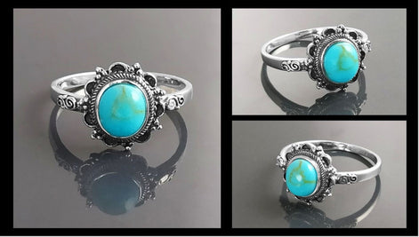 Turquoise Ring, Sterling Silver, Boho Ring, Blue Turquoise Stone Ring, Small Midi Oval Ring, Dainty Jewelry, Victorian Antique Ring