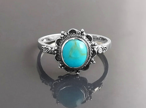 Turquoise Ring, Sterling Silver, Boho Ring, Blue Turquoise Stone Ring, Small Midi Oval Ring, Dainty Jewelry, Victorian Antique Ring