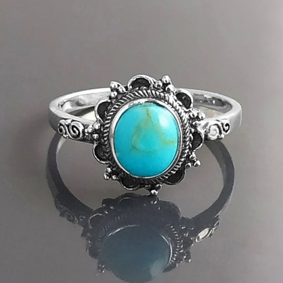 Turquoise Ring, Sterling Silver, Boho Ring, Blue Turquoise Stone Ring, Small Midi Oval Ring, Dainty Jewelry, Victorian Antique Ring
