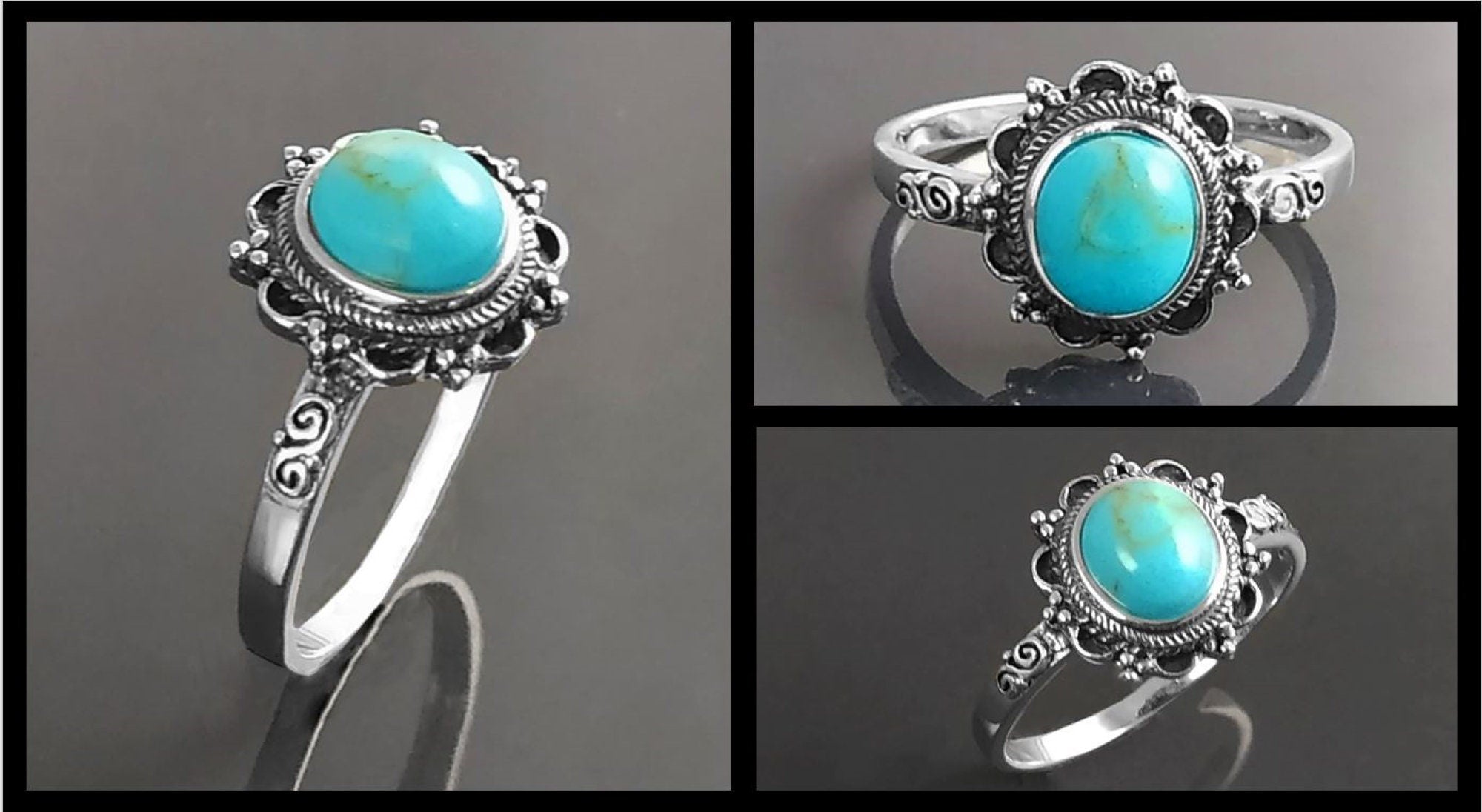 Turquoise Ring, Sterling Silver, Boho Ring, Blue Turquoise Stone Ring, Small Midi Oval Ring, Dainty Jewelry, Victorian Antique Ring