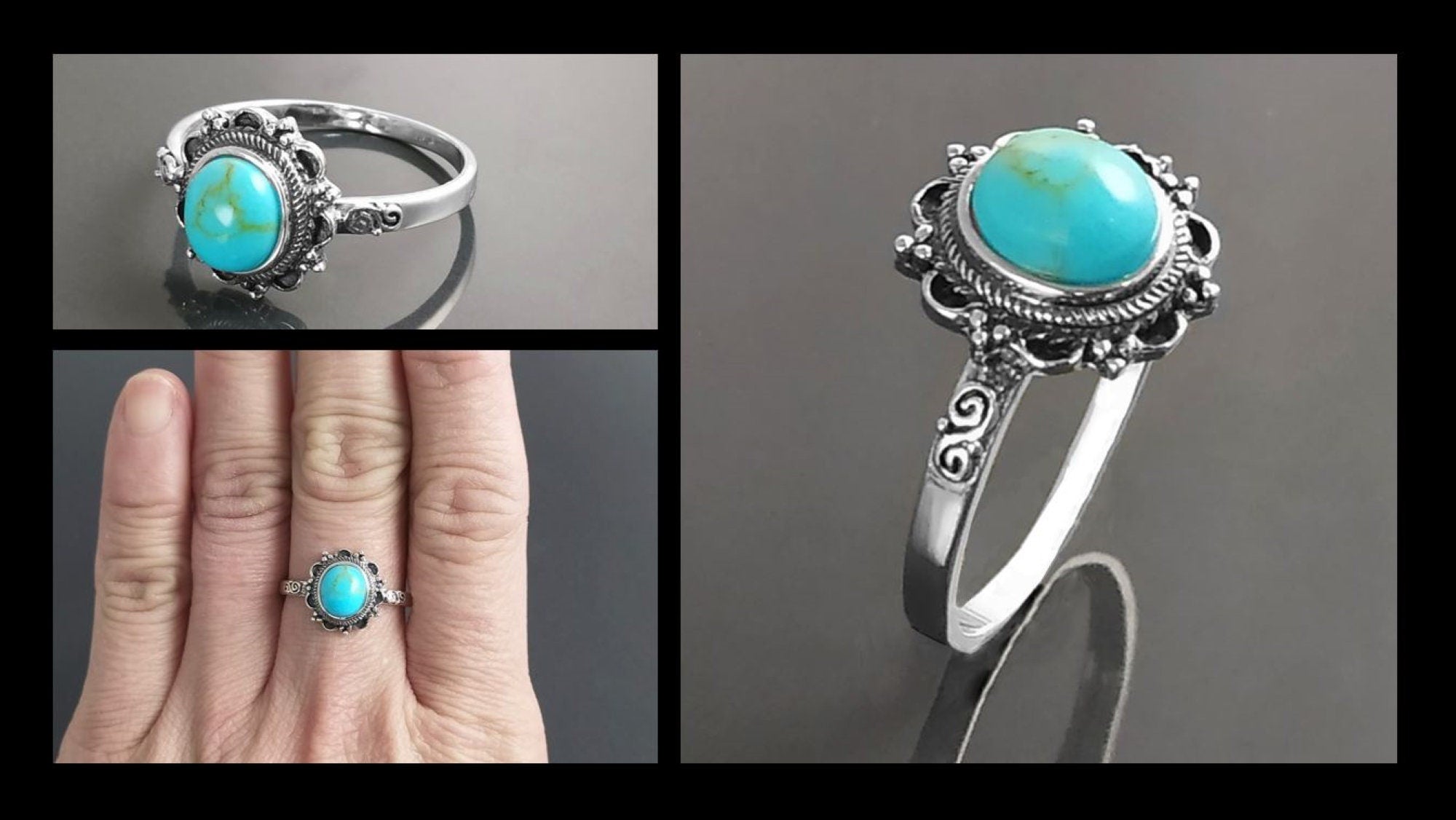 Turquoise Ring, Sterling Silver, Boho Ring, Blue Turquoise Stone Ring, Small Midi Oval Ring, Dainty Jewelry, Victorian Antique Ring