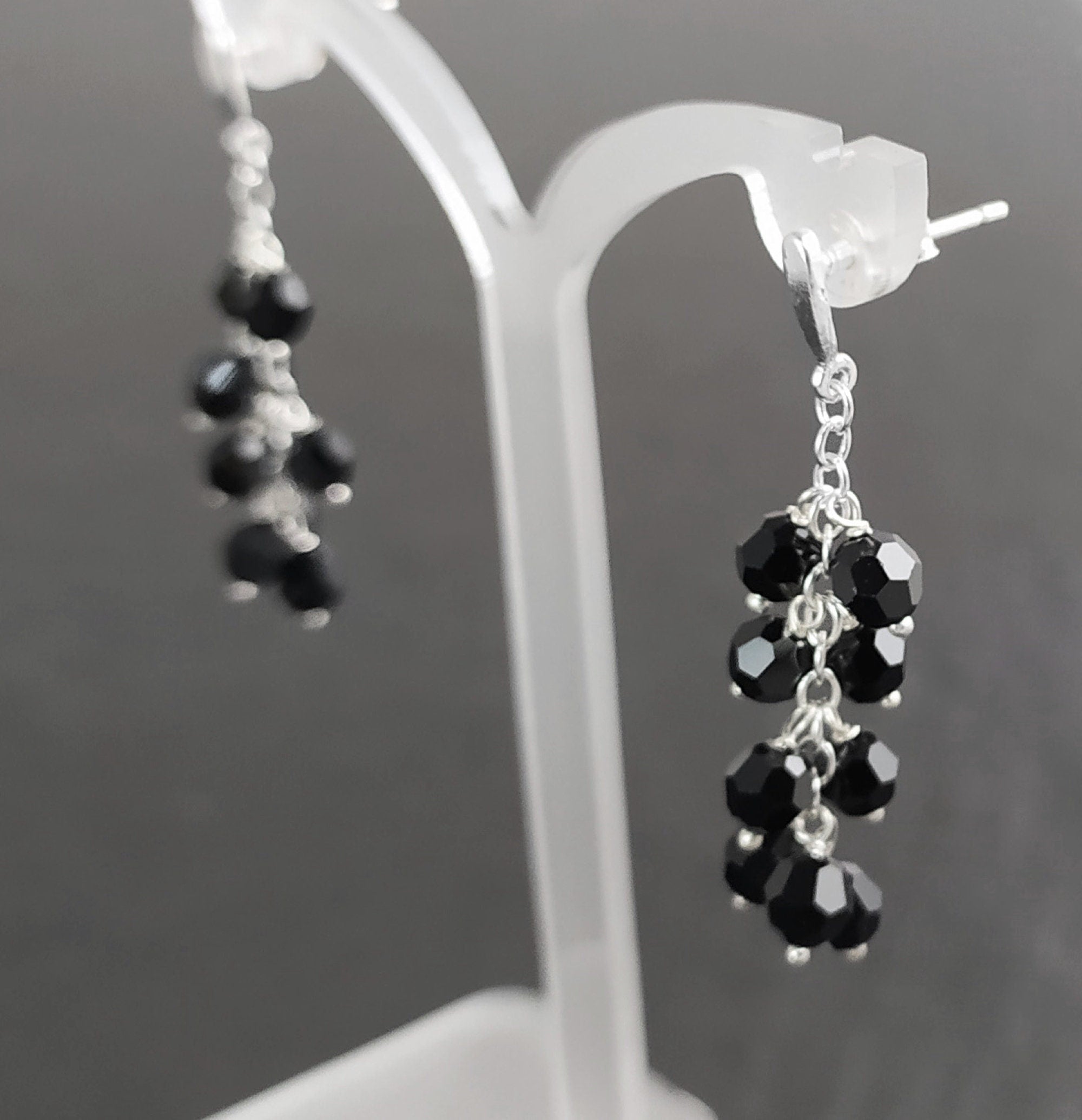 Black dangle earrings, sterling silver, teardrop blackberry crystal cz stones grape earrings, dark blackberries bunch, modern jewelry