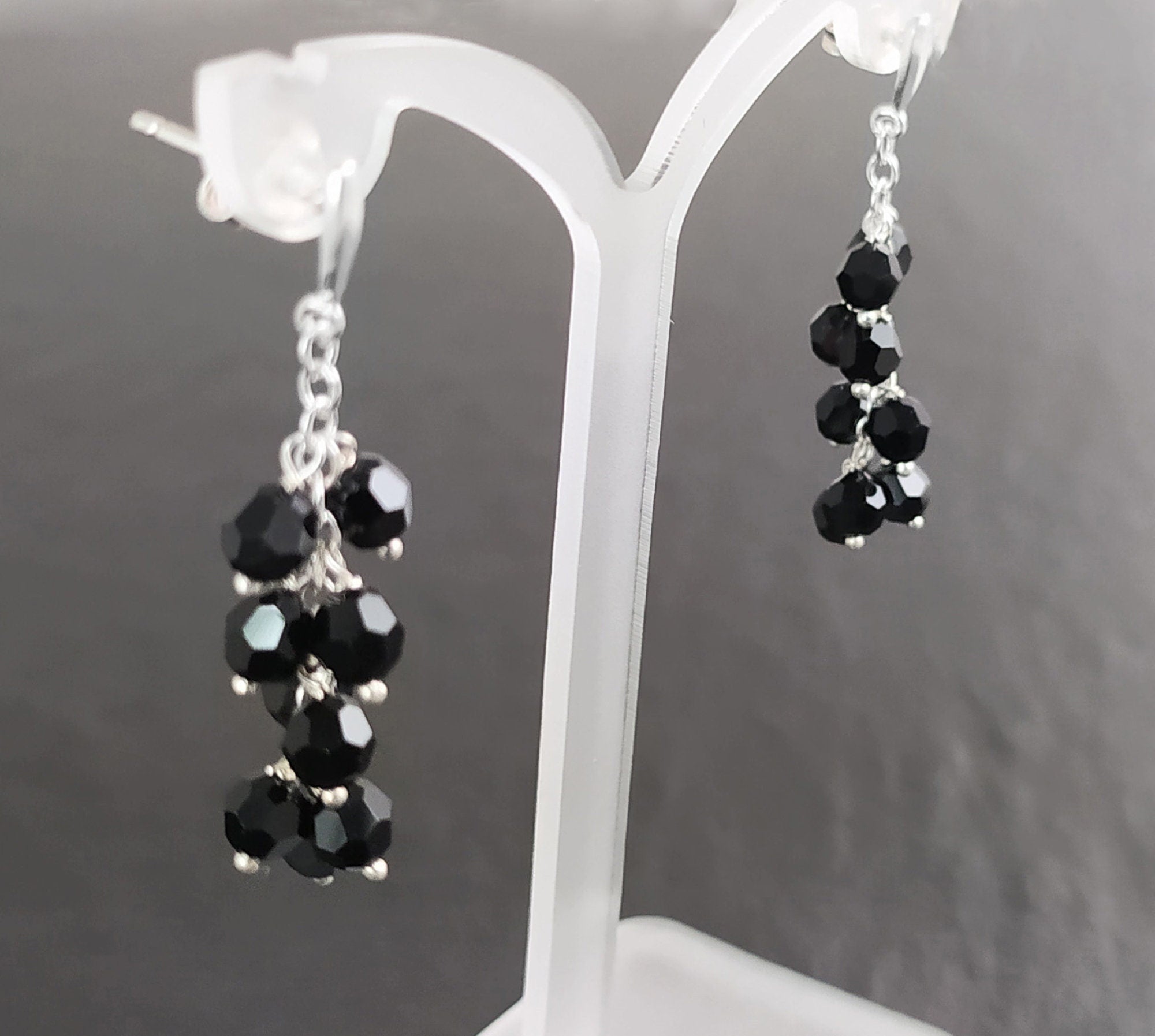 Black dangle earrings, sterling silver, teardrop blackberry crystal cz stones grape earrings, dark blackberries bunch, modern jewelry