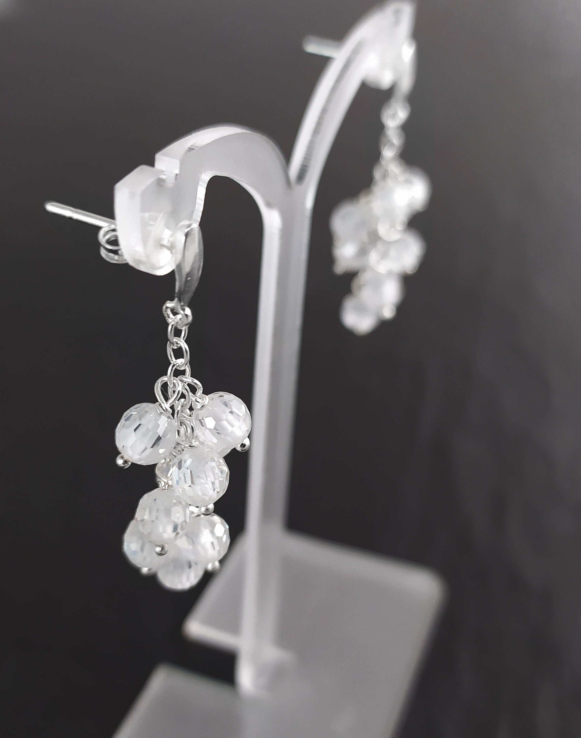 crystal earrings, sterling silver, dangle bunch stones earrings, white clear color bead, Pending teardrop modern drop cluster chain jewelry