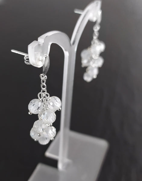 crystal earrings, sterling silver, dangle bunch stones earrings, white clear color bead, Pending teardrop modern drop cluster chain jewelry