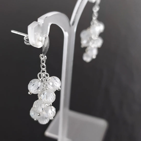 crystal earrings, sterling silver, dangle bunch stones earrings, white clear color bead, Pending teardrop modern drop cluster chain jewelry