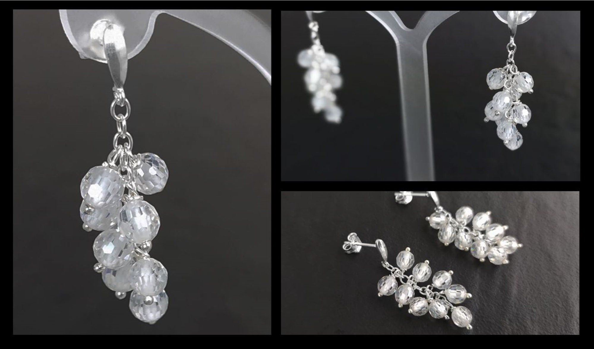 crystal earrings, sterling silver, dangle bunch stones earrings, white clear color bead, Pending teardrop modern drop cluster chain jewelry