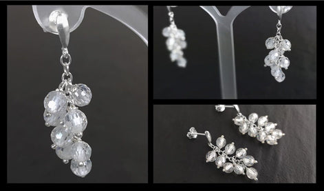 crystal earrings, sterling silver, dangle bunch stones earrings, white clear color bead, Pending teardrop modern drop cluster chain jewelry